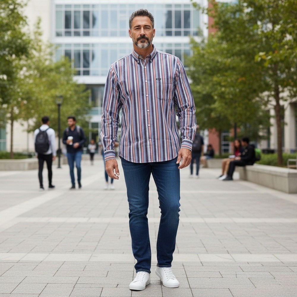Y2K Chaps Easy Care Men's L Blutton Down Shirt Striped Long Sleeve Casual Preppy - Picture 1 of 7